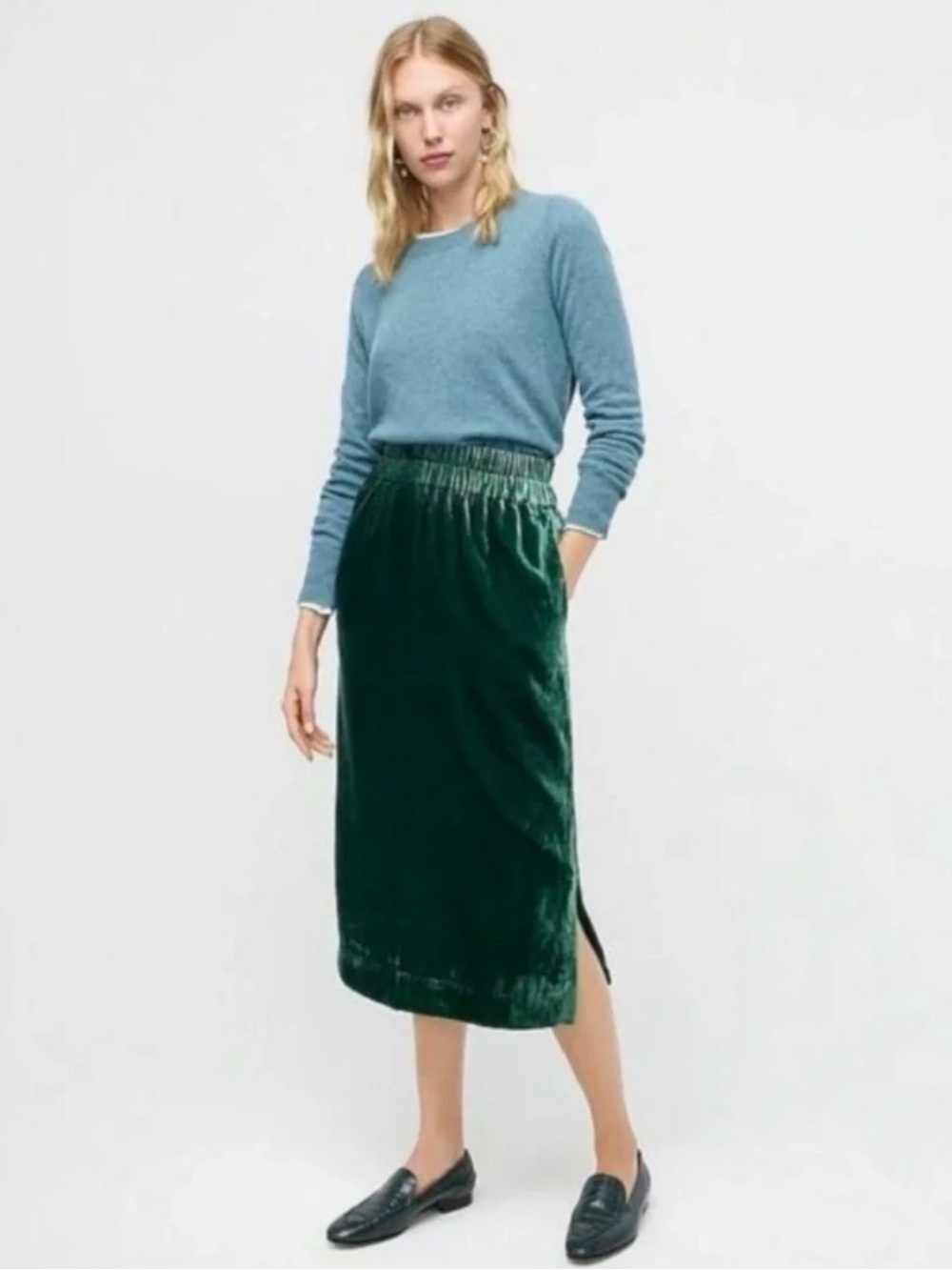 J.Crew Emerald Green Velvet Midi Skirt Side Slit NWT Small